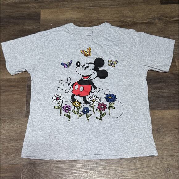 Women's Disney Mickey Mouse With Embroidered Flowers/Butterflies T-Shirt Large - Picture 1 of 8